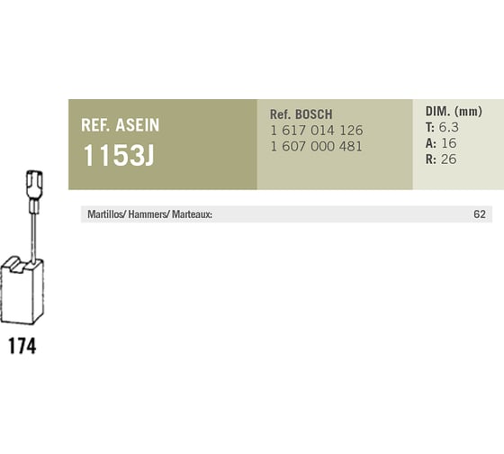 Комплект графитовых щеток 2 шт аналог BOSCH OEM 1617014126/AS Asein 1153J
