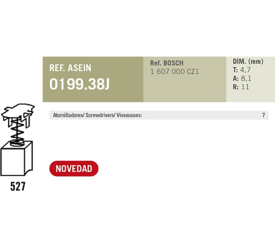 Комплект графитовых щеток 2 шт аналог BOSCH OEM 1607000CZ1 Asein 0199.38J