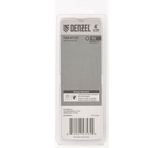Набор бит T15, 100 мм, 5 шт Denzel 7711329