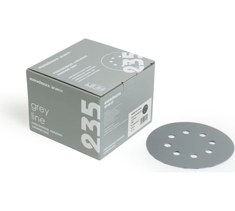 Диск шлифовальный на пленочной основе 235 Grey Zirconia Р150, 125 мм, 8 отверстий, 100 шт SANDWOX 235.125.150.08