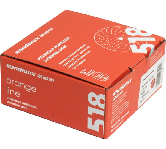 Диск шлифовальный на бумажной основе 518 Orange Ceramic Р40, 125 мм, 8 отверстий, 50 шт SANDWOX 518.125.040.08