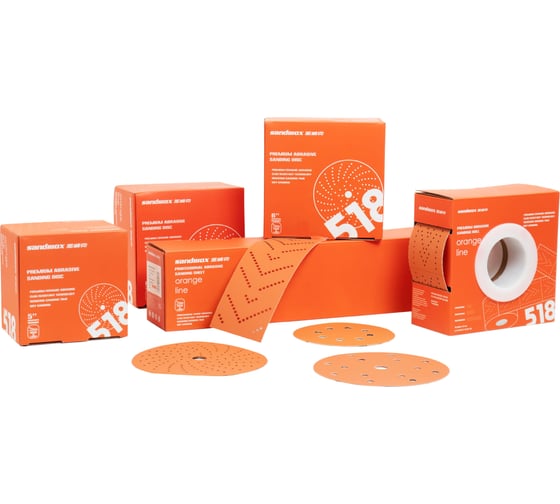 Диск шлифовальный на бумажной основе 518 Orange Ceramic Р80, 125 мм, 8 отверстий, 50 шт SANDWOX 518.125.080.08