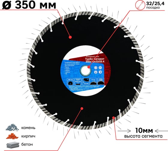 Диск алмазный отрезной турбо по железобетону и камню 350x32/25.4xZ24/10x3.6мм TORGWIN S11292