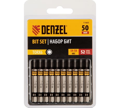 Набор бит TORX T6, 50 мм, сталь S2, шестигранный профиль, 10 шт Denzel 11665