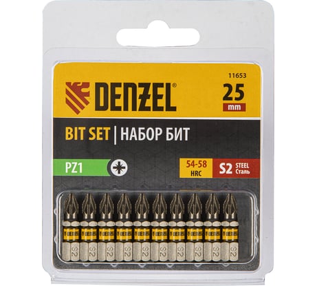 Набор бит PZ1, 25 мм, сталь S2, шестигранный профиль, 10 шт Denzel 11653