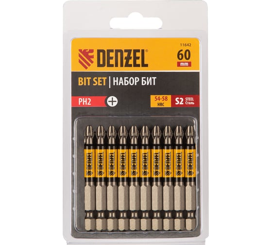 Набор бит PH2, 60 мм, сталь S2, круглый профиль, 10 шт Denzel 11642