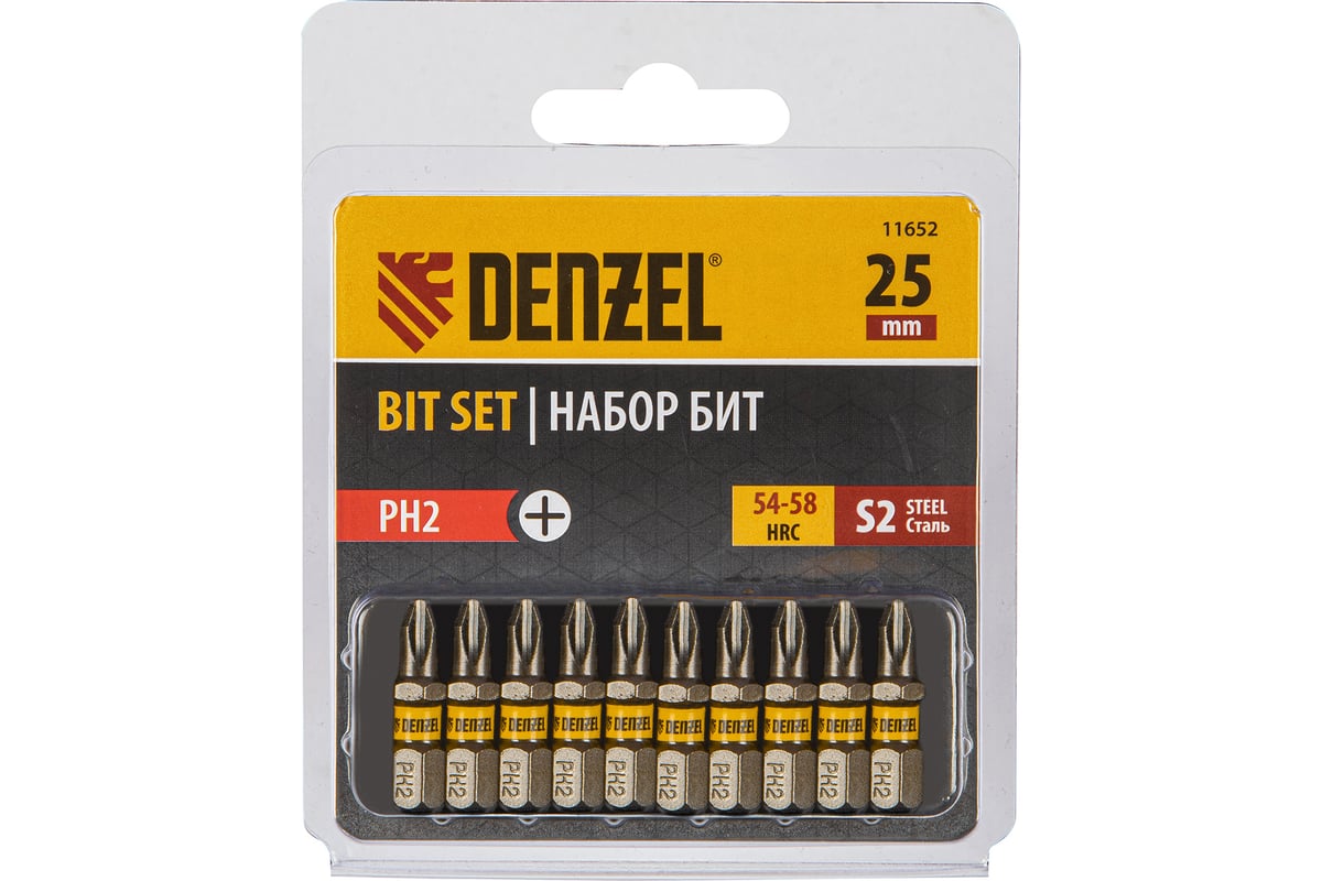 Набор бит PH2, 25 мм, сталь S2, шестигранный профиль, 10 шт Denzel ...