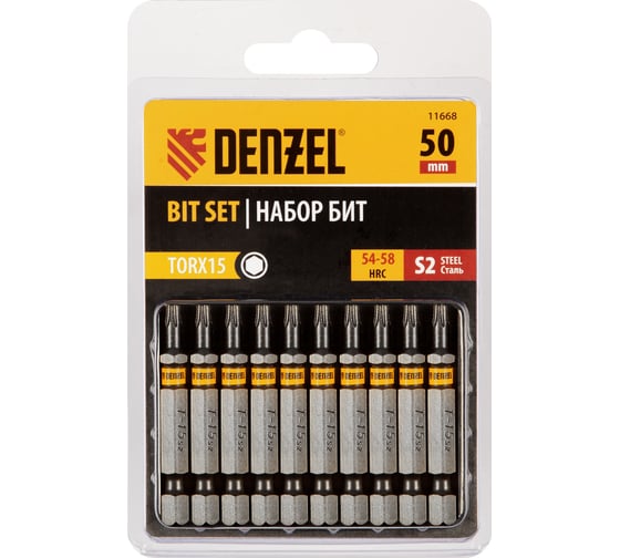 Набор бит TORX T15, 50 мм, сталь S2, шестигранный профиль, 10 шт Denzel 11668 1