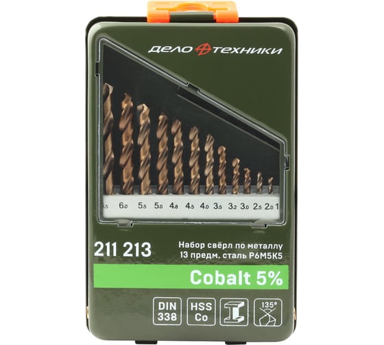 Набор сверл (13 шт; 1.5-6.5 мм; Cobalt 5%) по металлу Дело Техники 211213