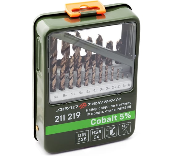 Набор сверл (19 шт; 1-10 мм; Cobalt 5%) по металлу Дело Техники 211219