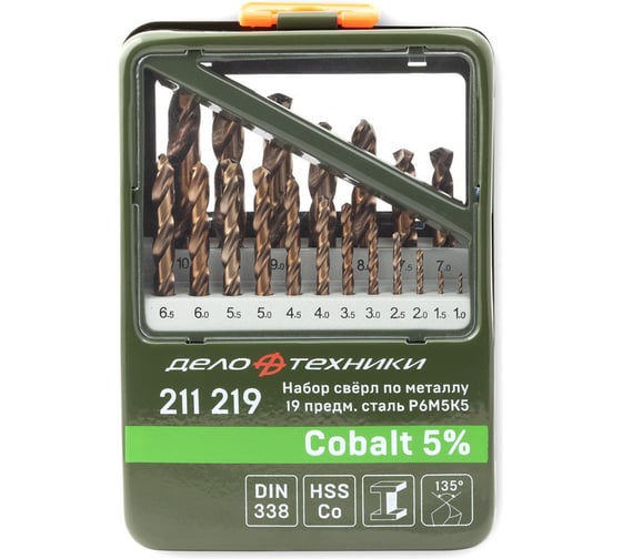 Набор сверл (19 шт; 1-10 мм; Cobalt 5%) по металлу Дело Техники 211219