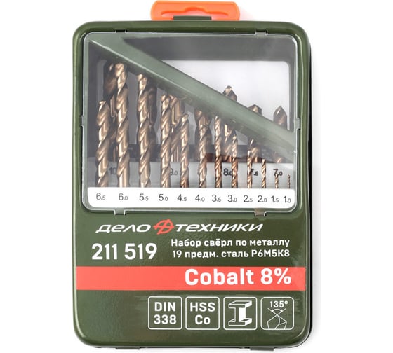 Набор сверл (19 шт; 1-10 мм; Cobalt 8) по металлу Дело Техники 211519