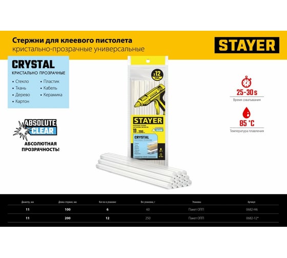 Прозрачные универсальные клеевые стержни STAYER Crystal 11х200 мм, 12 шт 0682-12