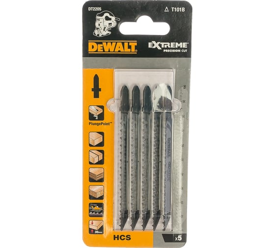 Пилки по дереву для лобзиков 5 шт. (75/100 мм; шаг 2.5 мм; HCS) DEWALT DT2205