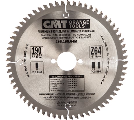 Диск пильный по цветным металлам и пластику (190х30х2,8/2,2 мм; Z64) CMT 296.190.64M