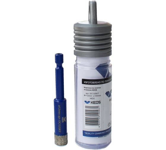 Коронка алмазная с воском по керамограниту PRO 12 мм, 1/4" HEX KEOS DC12SKT