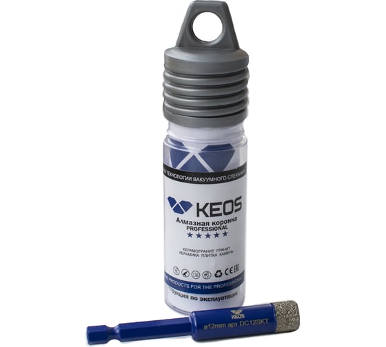 Коронка алмазная с воском по керамограниту PRO 12 мм, 1/4" HEX KEOS DC12SKT