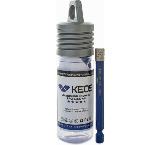 Коронка алмазная с воском по керамограниту PRO 8 мм, 1/4" HEX KEOS DC08SKT