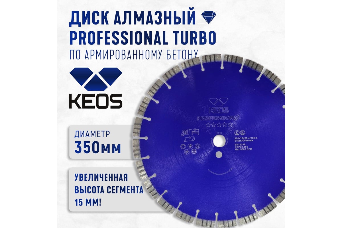 Диск алмазный Professional по бетону (350х25.4/20) для резчиков KEOS ...