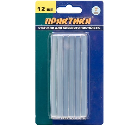 Клей белый, прозрачный (12 шт; 7х100 мм) для клеевого пистолета ПРАКТИКА 641-572