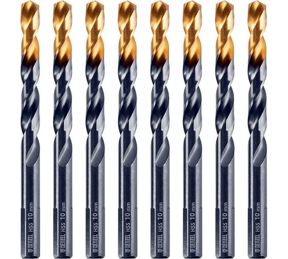 Сверло по металлу Golden Tip 10 мм, HSS-Tin, 8 шт, DIN 338 Denzel 717222
