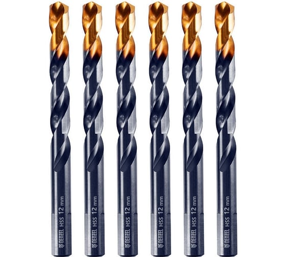 Сверло по металлу Golden Tip 12 мм, HSS-Tin, 6 шт, DIN 338 Denzel 717224