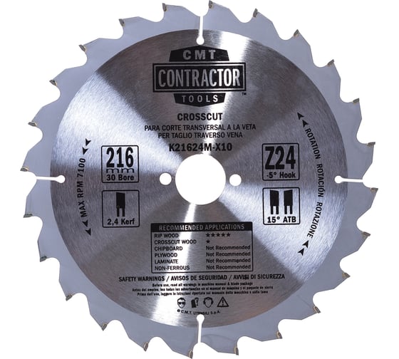 Диск пильный по дереву Contractor (216x2.4х1.6x30 мм; Z24; ATB -5NEG) CMT K21624M-X10 1