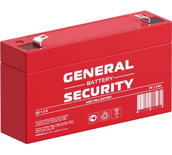 Аккумуляторная батарея General Security GS1.3-6 6В, 1.3 Ач УТ-00001372