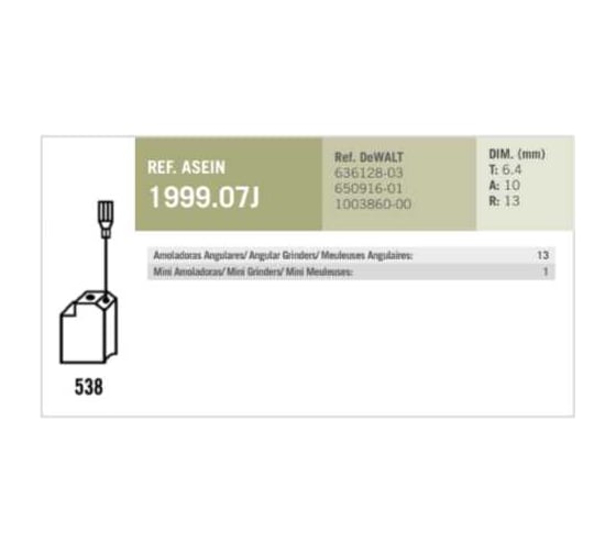 Комплект графитовых щеток 2 шт, Dewalt, OEM 636128-03/as Asein 1999.07J