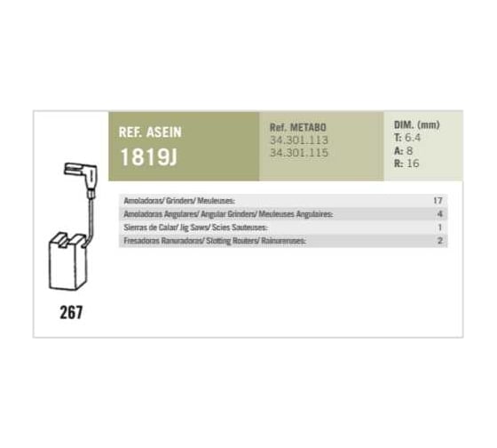 Комплект графитовых щеток 2 шт, Metabo, OEM 34301113/115/as Asein 1819J