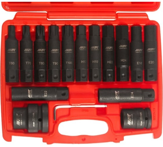 Набор ударных бит 3/4" SPLINE Е18-24, TORX Т60-100, HEX Н17-24 с держателем 3/4", 1" 107 мм (16 предметов) JTC J616C