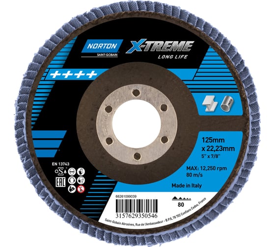 Круг лепестковый Xtreme 125x22 мм, P80, цирконий NORTON 66261099039