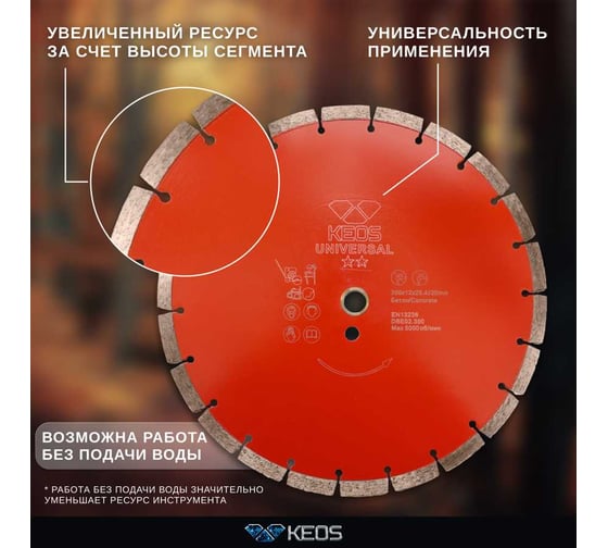Диск алмазный по бетону железобетону (350х25.4/20 мм) сегментный KEOS DBE02.350