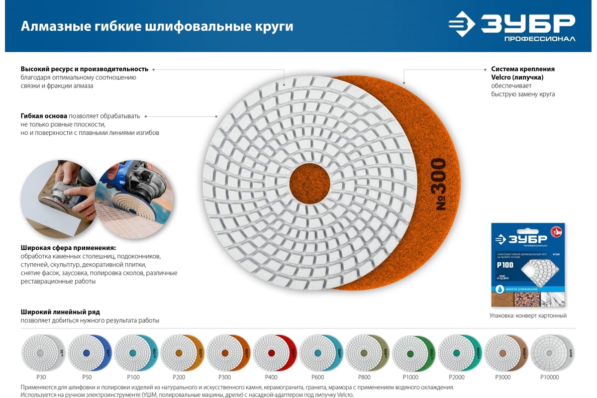 Алмазный гибкий шлифовальный круг для мокрого шлифования ЗУБР 100 мм, №800  29866-800 - выгодная цена, отзывы, характеристики, фото - купить в Москве и  РФ