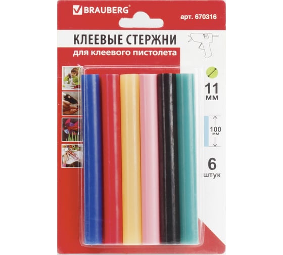 Клеевые стержни 11х100 мм, цветные, комплект 6 шт BRAUBERG 670316 1