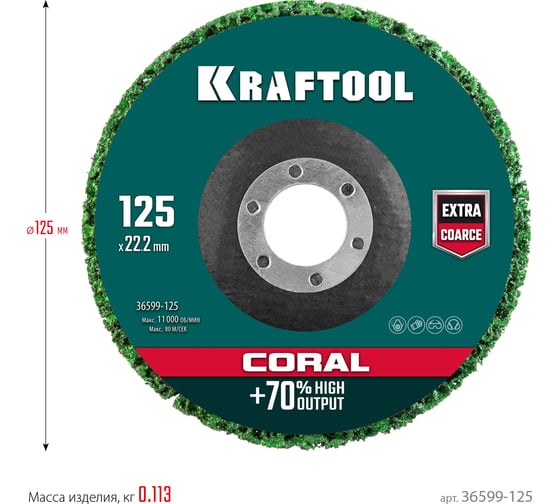 Полимерно-шлифовальный синтетический абразивный круг KRAFTOOL Coral 125x22.2 мм 36599-125