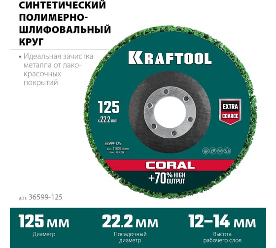 Полимерно-шлифовальный синтетический абразивный круг KRAFTOOL Coral 125x22.2 мм 36599-125