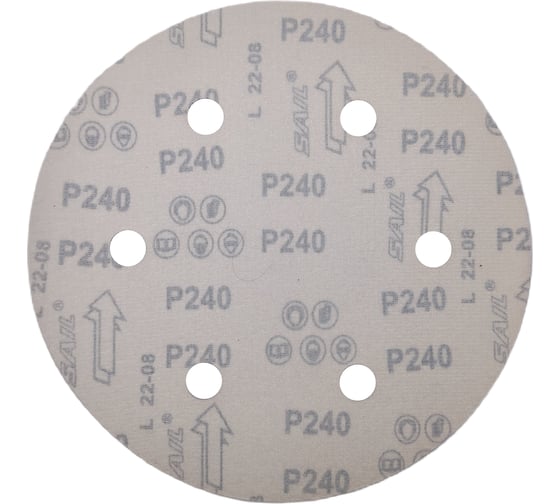 Круг шлифовальный REDD 225 мм, P240, на липучке, 10 шт, 6 отверстий PADU 10-D225-6-Р240кор