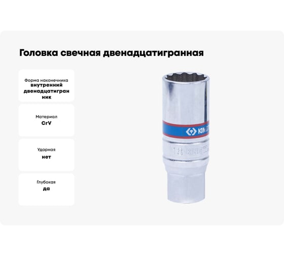 Головка свечная двенадцатигранная 3/8"DR, 18 мм, 65 мм, резиновый фиксатор KING TONY 36B018