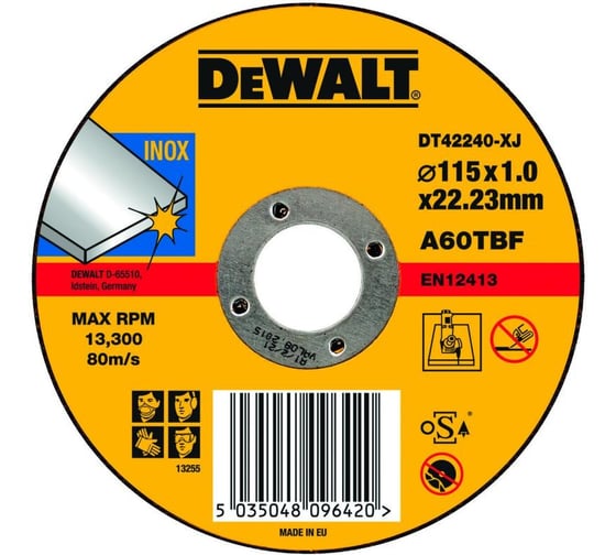Круг отрезной по INOX (115x22.2 мм; тип1) Dewalt DT42240