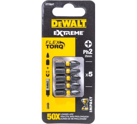 Биты ударные IMPACT Torsion Ph2, 25мм, 5шт. DEWALT DT7994T