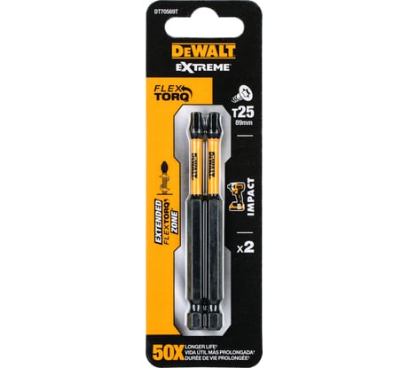 Биты ударные IMPACT Torsion T25, 89мм, 2шт. DEWALT DT70569T