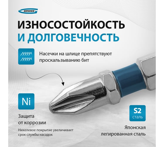 Набор бит РН2х90, сталь S2, 10шт GROSS 11379