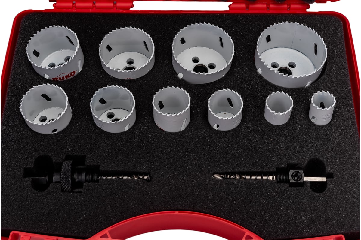 Набор коронок Bi-Metall HSSE-Co8 (10 шт; 22-68 мм; 2 адаптера) RUKO ...