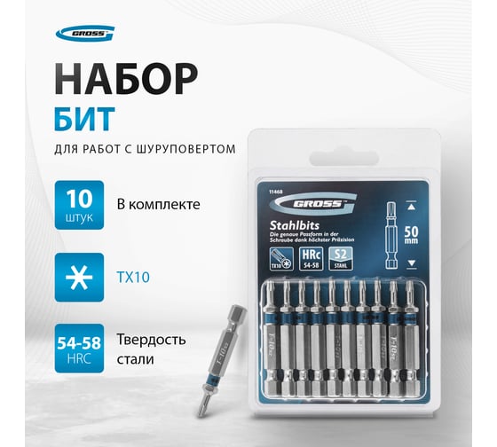 Набор бит TORX (Т10; 50 мм, сталь S2) 10 шт. GROSS 11468