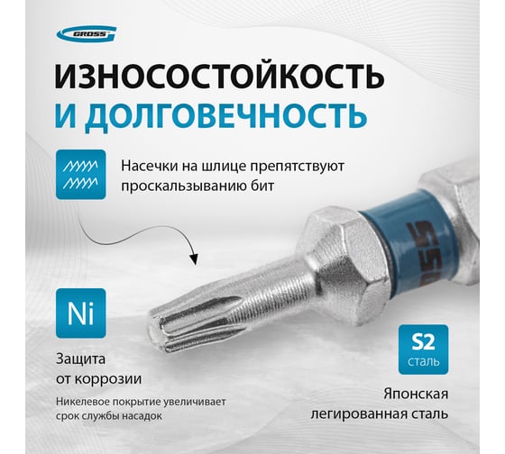 Набор бит TORX (Т10; 50 мм, сталь S2) 10 шт. GROSS 11468