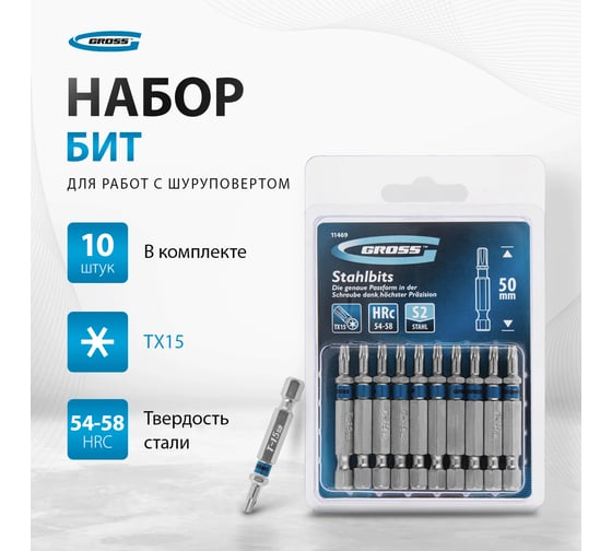 Упаковка бит GROSS TORX 15x50, сталь S2, 10 шт // 11469