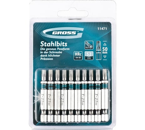 Упаковка бит GROSS TORX 25x50, сталь S2, 10 шт // 11471