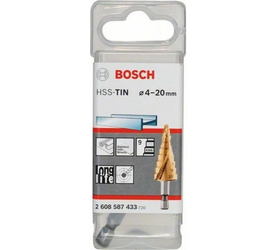 Ступенчатое сверло HSS-TiN 9 ступеней, 4-20 мм, HEX 1/4" Bosch 2608587433