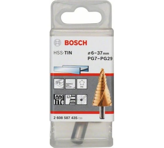 Ступенчатое сверло HSS-TiN 12 ступеней, 6-37 мм, PG7-PG21 Bosch 2608587435